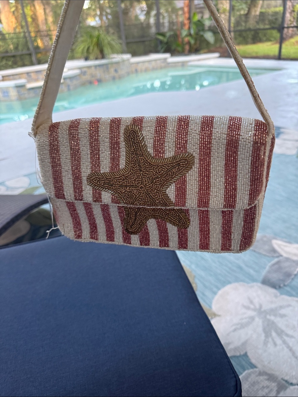 Beaded Starfish Striped Clutch in Red & White